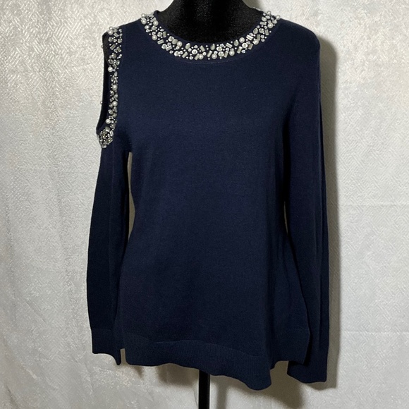 INC Women’s Embellished Cold Shoulder Sweater Navy Beaded Neckline Size S NWT - Picture 1 of 12